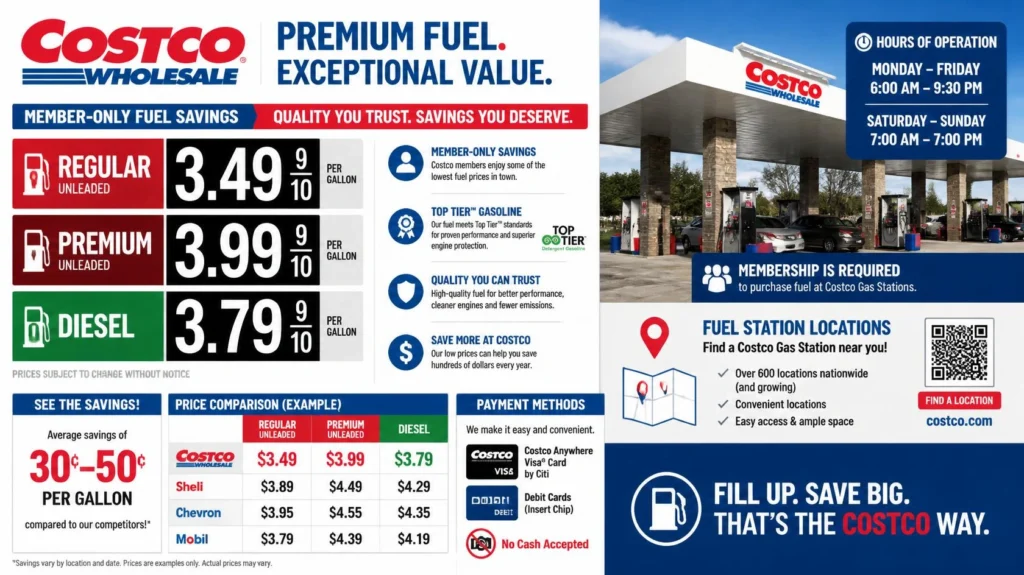 Costco Gas 2026 guide covering prices, fuel quality, hours, locations, and savings