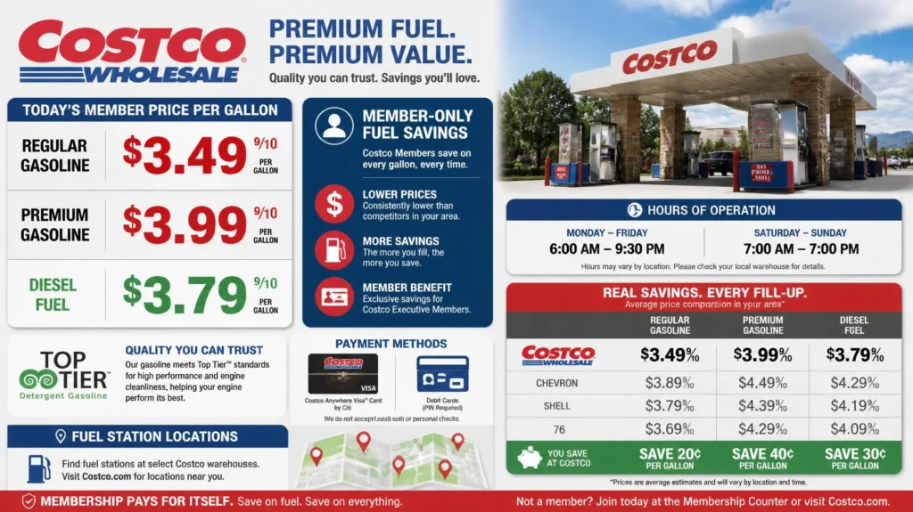 Costco Gas station with fuel pumps, membership savings, and convenient operating hours