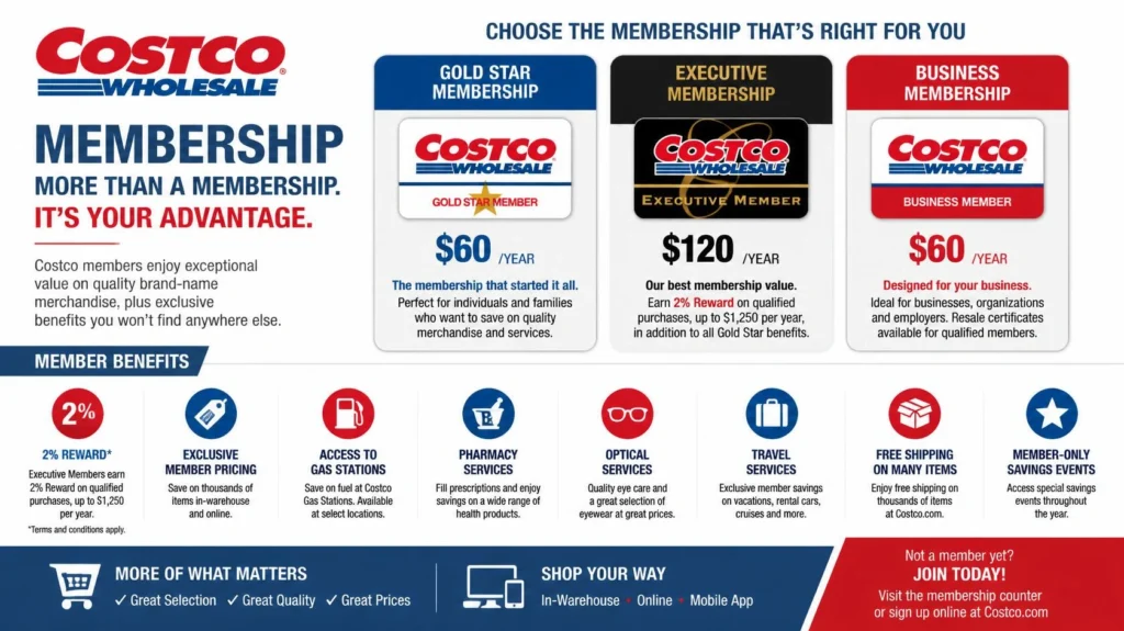Costco membership options with Gold Star, Executive, and Business membership benefits