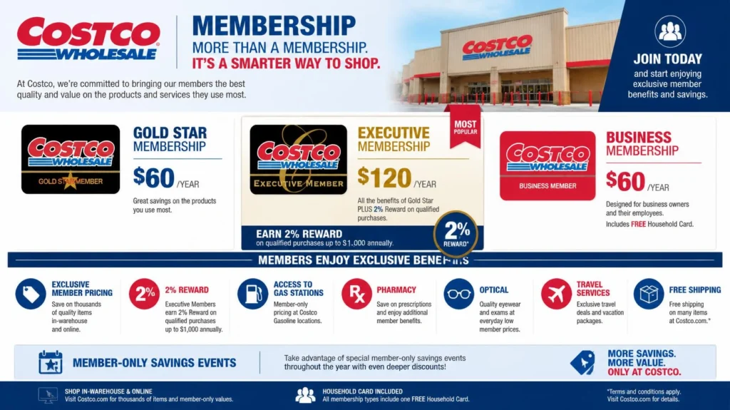 Costco membership pricing, savings, rewards, and benefits for eligible shoppers in 2026