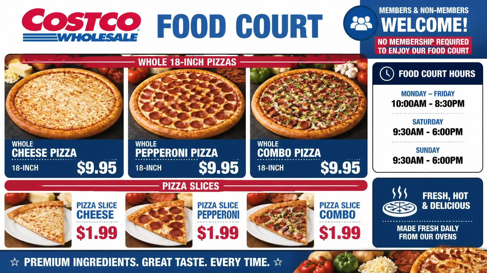 Costco food court pizza menu with serving sizes and prices